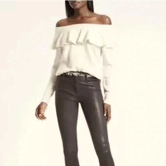 Banana Republic Sweater Ruffle Off The Shoulder Cream Gray Wool Cashmere Size XL - Picture 2 of 9